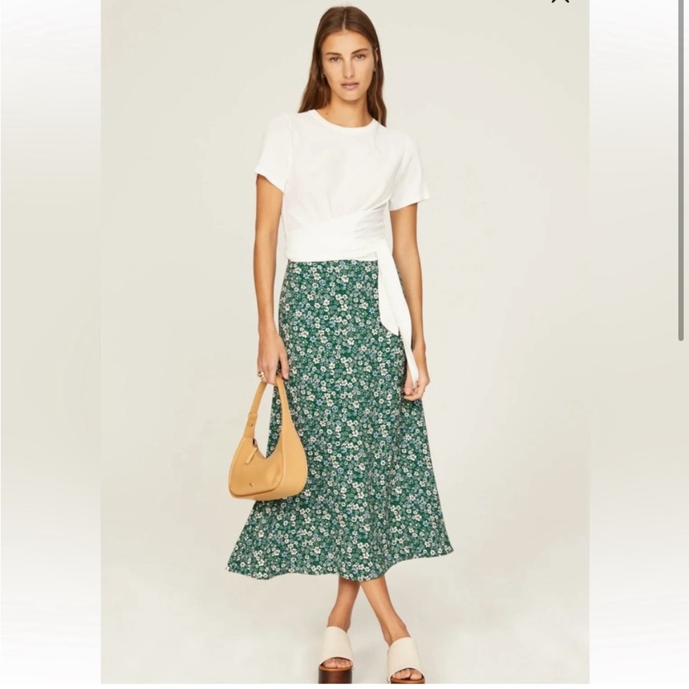 REFORMATION Bea floral midi skirt with leg slit and zipper closure